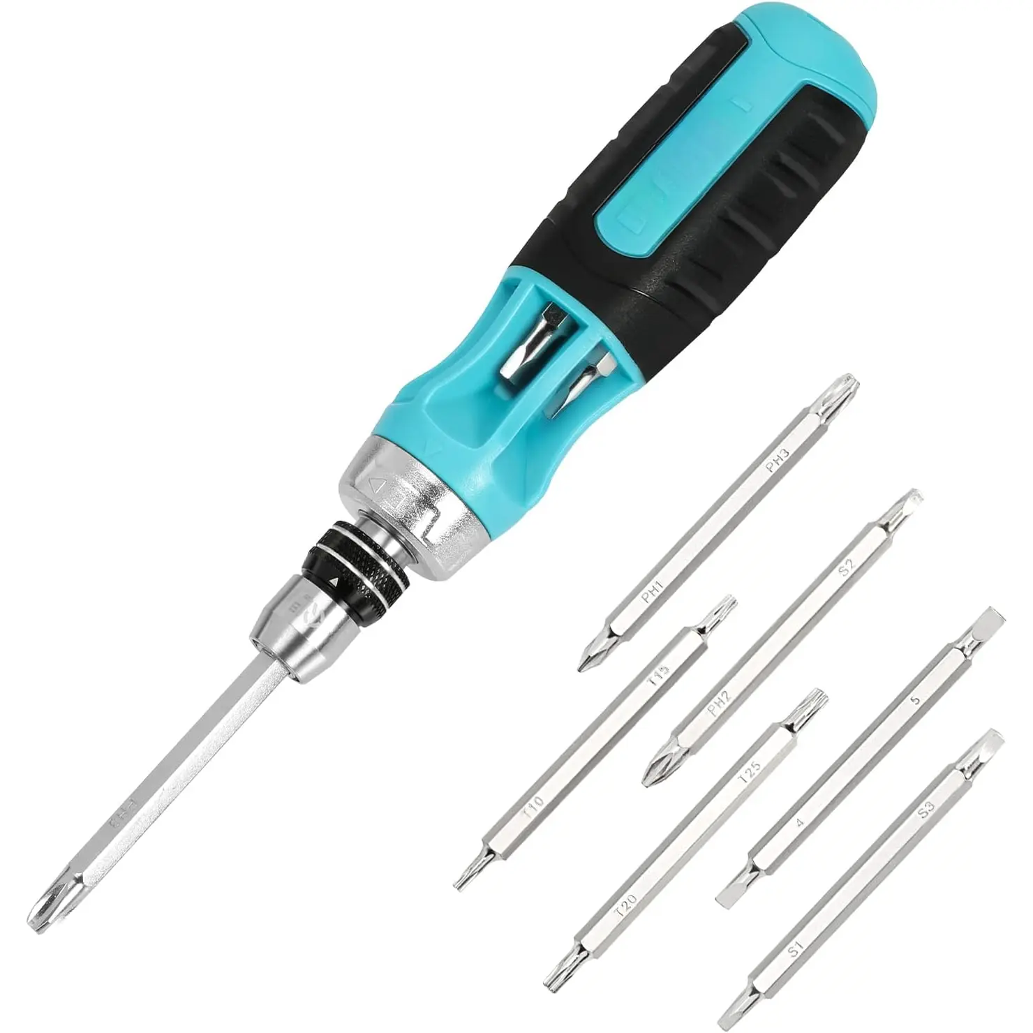 Ratcheting , 12-in-1 Multi-bit Screw Drivers,  S2 Steel, Innovated Bits Quick-Load Mechanism, with Phillips, Slotted, Torx, Square Bits Stored in Handle