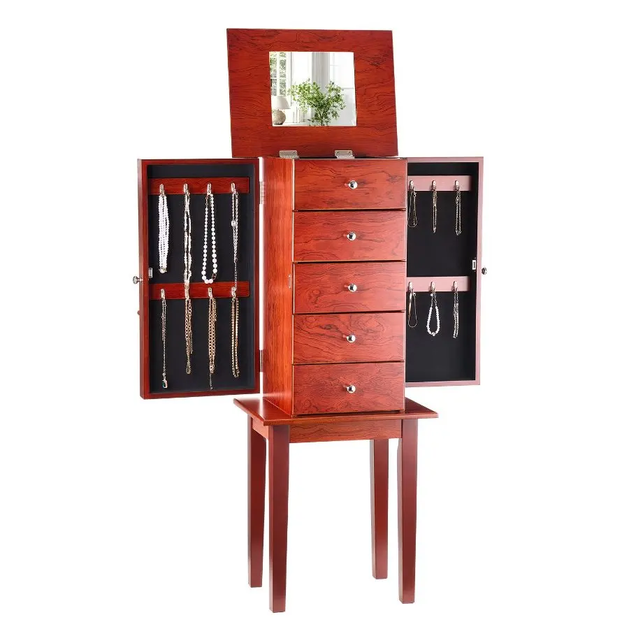 VEVOR Jewelry Cabinet Armoire, Standing Wood Jewelry Storage Chest with 4 Spacious Drawers, Flip Top Mirror, 4 Top Storage Compartments, Zinc Alloy Handles, 2 Side Doors with 16 Necklace Hooks