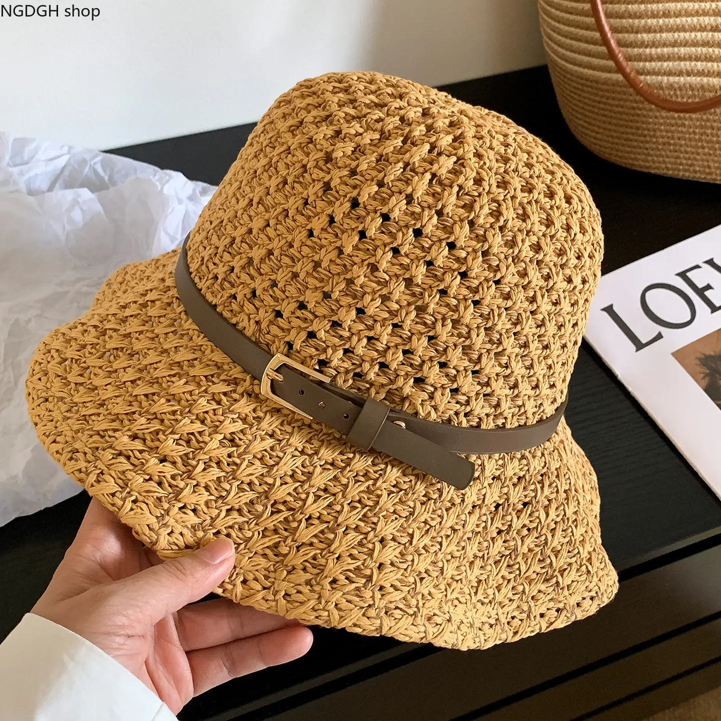 Women's Handcrafted Cap, Crochet Straw Bucket Sun Hat with Faux Leather Trim, Wide Brim for UV Protection, Fisherman Style for Beach Days & Summer Vacations