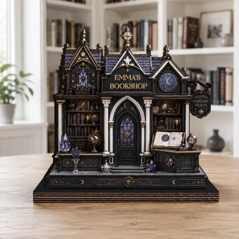 Personalized Magical Fantasy Bookshop Wooden Block - Gothic Family Name Plaque, Decorative Accessory Desktop Decoration Signs, Elevated/Fairytale Style Desktop Decoration Signs, Book Lover Gift, Bookshelf/Halloween Table Decor, Elevated Desktop Decoration