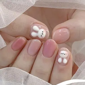 Cute Bunny Press On Nails, Pink Jelly Short Nails, 3D Bunny Nail Art, Kawaii Acrylic Nails For Women, Sweet Girly Nail Design