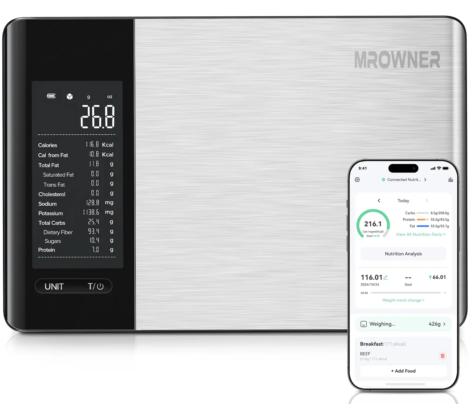 MrOwner Food Nutrition Scale, Digital Grams and Ounces for Weight Management With App, 19 Facts Tracking, 11 Pounds-Large, Stainless Steel Healthcare Springtok
