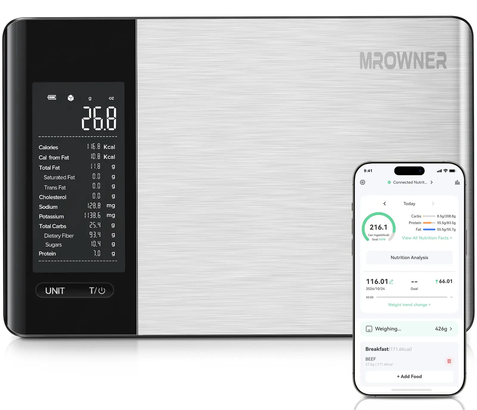 MrOwner Food Nutrition Scale, Digital Grams and Ounces for Weight Management With App, 19 Facts Tracking, 11 Pounds-Large, Stainless Steel Healthcare