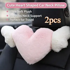 2pcs Heart Wing Car Neck Pillow, Plush Cervical Support Cushion, Cute Car Seat Headrest, Relieve Neck Fatigue, Must-Have Car Decor, Auto Accessories