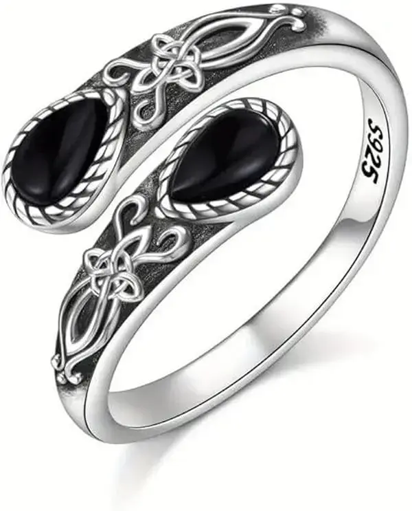 Retro Gothic Ring for Women, Antique Silver Celtic Knot with Teardrop Black Onyx, Resizable Band, Meaningful Mother’s Day Gift Idea, Meaningful Gifts, Deep Black, Bold Gothic Vibe, Onyx Stones, Open Wrap