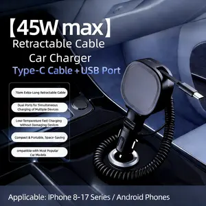 W&O Retractable Car Charger, Tech Gadgets 2026 Birthday Gifts for Men, 45W Fast Car Adapter with 70cm Retractable Cable & USB A Port, Compatible with iPhone 17 16 15 14 13 Pro Max, Samsung S25, iPad