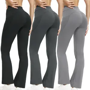 3-piece set for women: slim-fit, high-waisted flared pants/leggings with pockets; groove-style design; casual and comfortable, highly elastic, seamless flared pants—yoga, exercise, gym, sports activewear