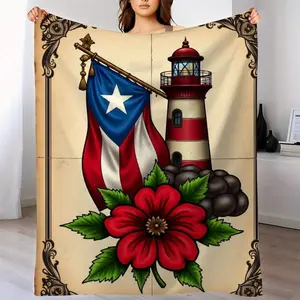 Puerto Rico Blanket - Lighthouse, Flag, and Floral Print Design (Red Flowers/Green Leaves) - Soft Flannel Bedspread or Sofa Cover for All Seasons - Beige Background - Ideal Puerto Rico Home Decor Gift, Puerto Rico Style Decoration birthday celebration