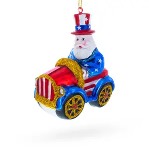 Uncle Sam Santa Driving a Car Blown Glass Christmas Ornament