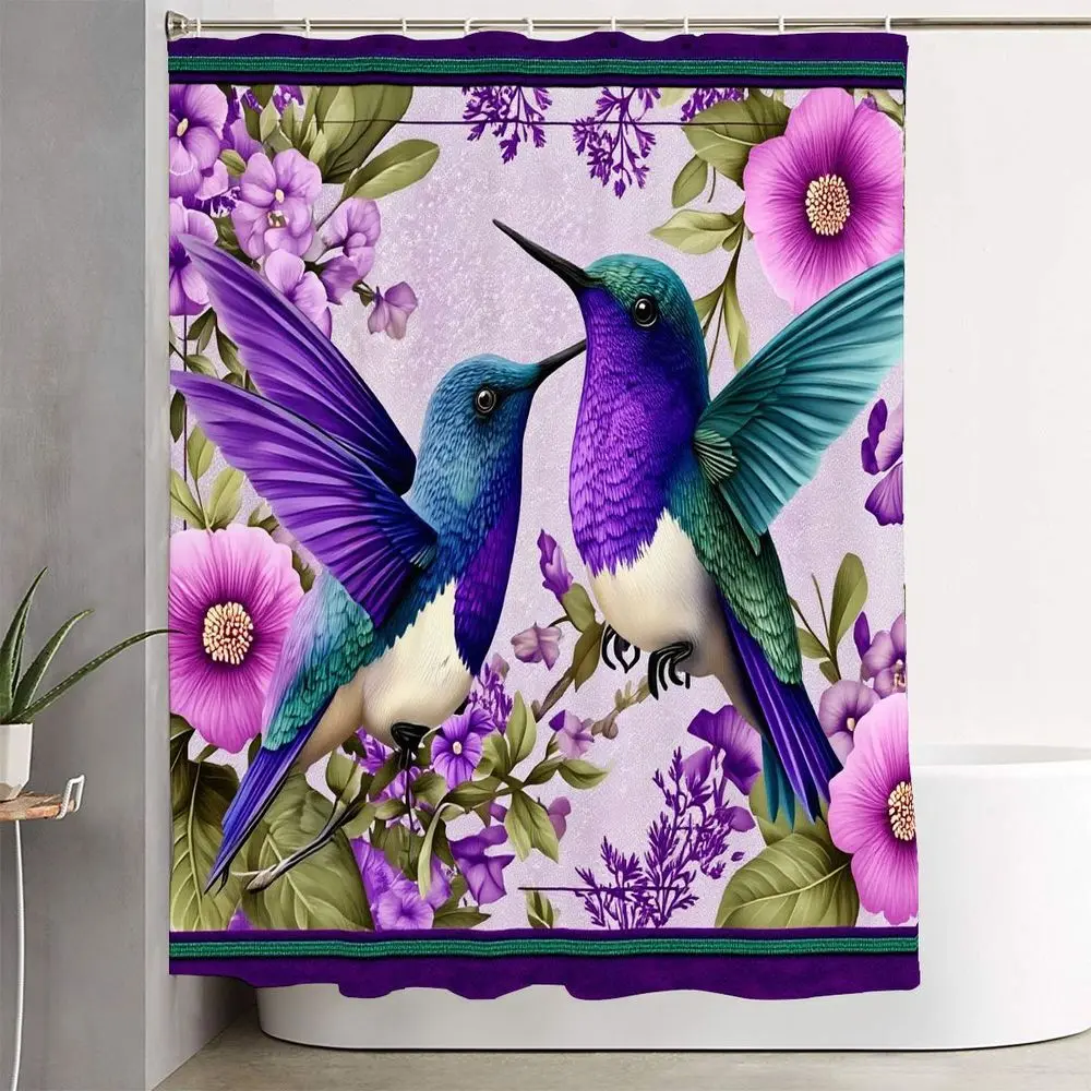 Hummingbird & Flowers Bathroom Curtain Set, Floral Shower Curtain with 2 Mats, Spring Easter Decor for Home, Floral Shower Curtains For Bathroom