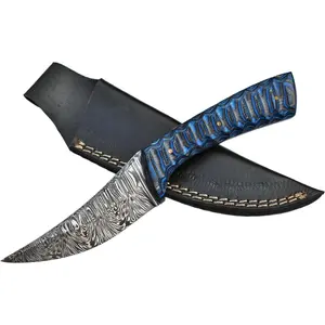 Damascus Fixed Blade Hunting Knife with Sheath Handmade Full Tang Skinning Bushcraft Knife Blue Pakka Wood Handle Camping outdoor Knife EDC