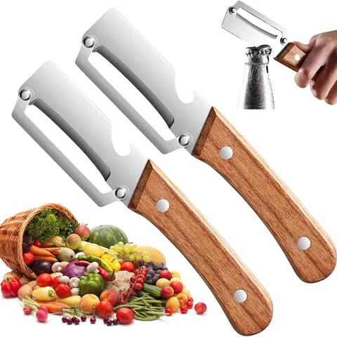 2-Pack 2-In-1 Stainless Steel Kitchen Utensils with Ergonomic Wooden Handle - Efficient Blade, Smooth Peeling, Lightweight Portable, Built-In Bottle Opener for Home, Pantry Use, Camping (Peel&Open Functionality)