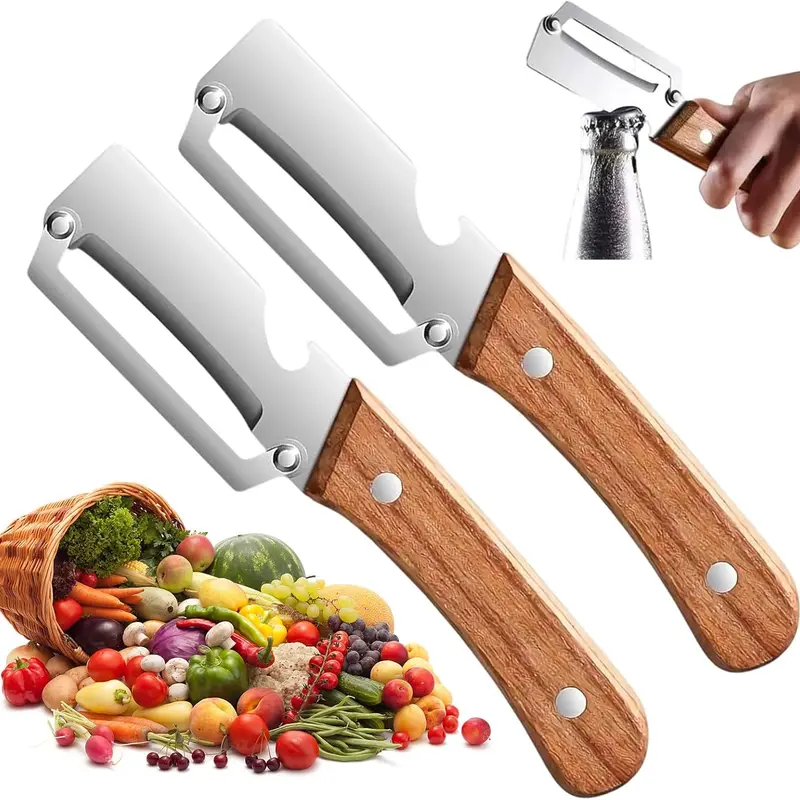 2-Pack 2-In-1 Stainless Steel Kitchen Utensils with Ergonomic Wooden Handle - Efficient Blade, Smooth Peeling, Lightweight Portable, Built-In Bottle Opener for Home, Pantry Use, Camping (Peel&Open Functionality)