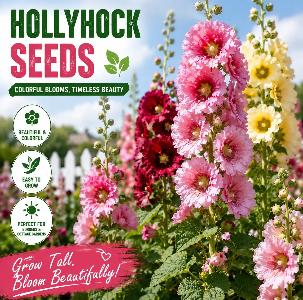 [Promise: Germinate or Refund] 500pcs 'Radiant Rose' Double Hollyhock Seeds - Non-GMO Heirloom Hardy Biennial, Mixed Colors, Tall Vibrant Blooms, Attracts Bees Butterflies & Hummingbirds, All Seasons Garden Outdoor Flower Pot Decor, 5-8 ft Bag Backdrops,