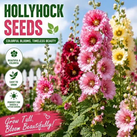 [Germinate or Refund Promise] 500pcs 'Radiant Rose' Double Hollyhock Seeds - Non-GMO Heirloom Hardy Biennial, Mixed Colors, Tall Vibrant Blooms, Pollinator-Attracting, Full Sun, Zones 3-9 Grow, Garden Decor, Borders, Outdoor Flower Pot Use