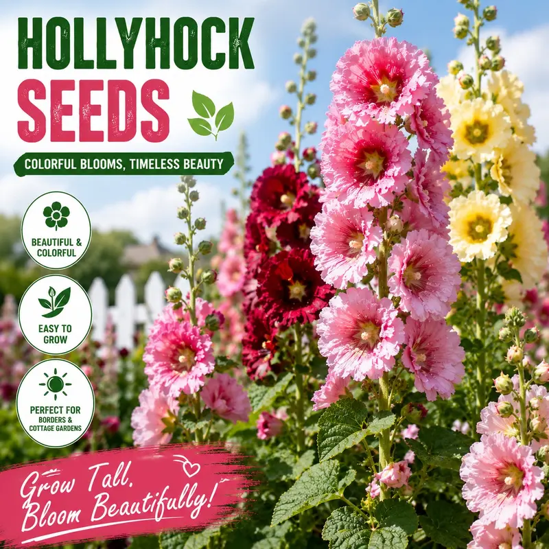 [Germinate or Refund Promise] 500pcs 'Radiant Rose' Double Hollyhock Seeds - Non-GMO Heirloom Hardy Biennial, Mixed Colors, Tall Vibrant Blooms, Pollinator-Attracting, Full Sun, Zones 3-9 Grow, Garden Decor, Borders, Outdoor Flower Pot Use