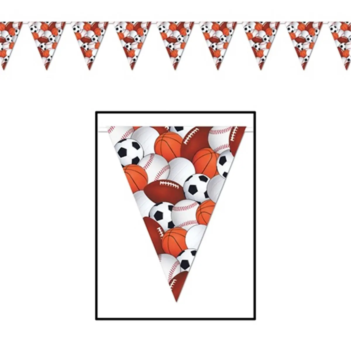212 MAIN 12-Pack Printed Soccer Pennant Banners - 10" High Single-Sided Plastic Flags, Weather Resistant, Indoor Outdoor Home/Festive Party Backdrops Printed with Volleyballs, Soccer Balls, Footballs, Basketballs, Baseballs, Printed With Volleyballs, Socc