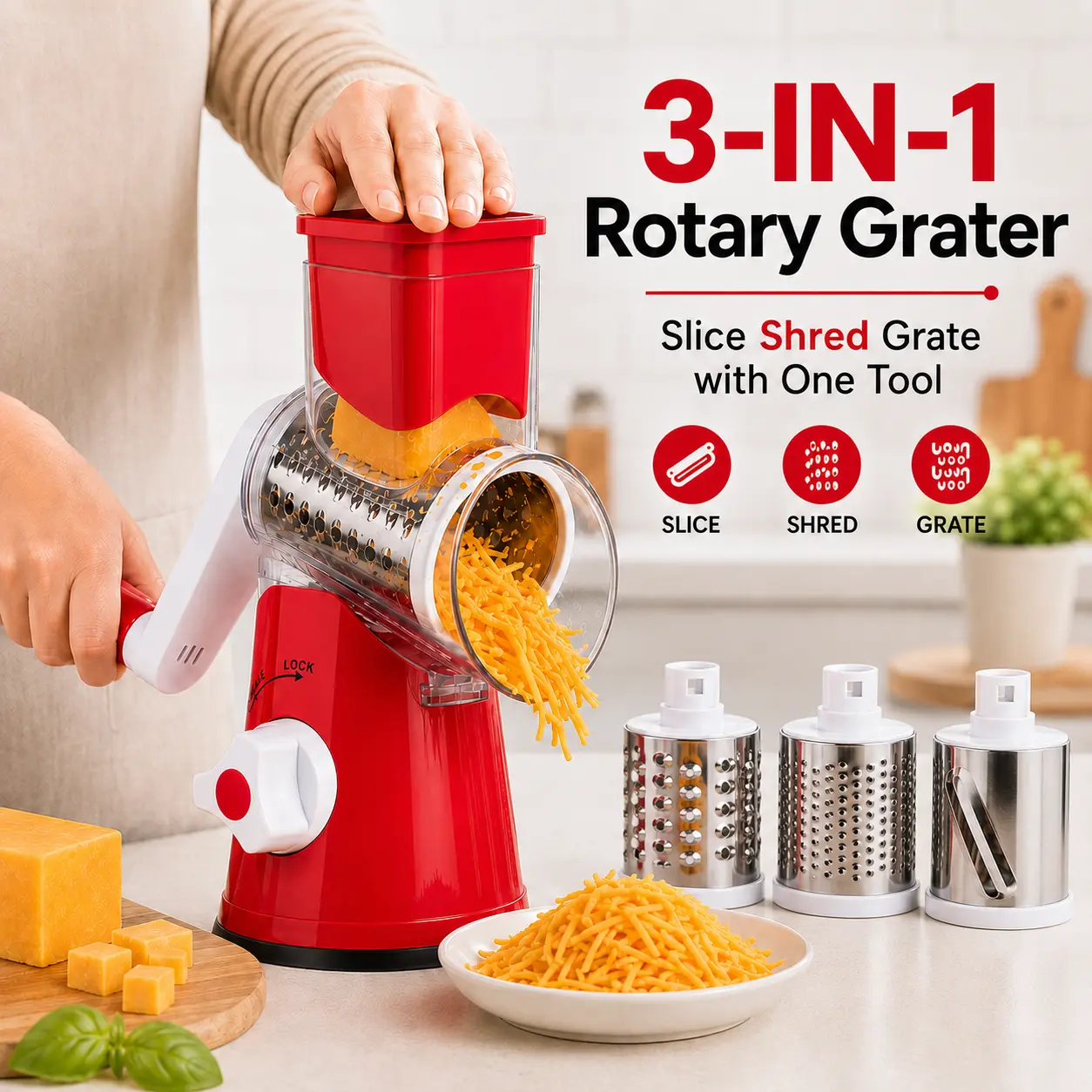 MIUVA Multifunctional Manual Rotary Cheese Grater with 3 Replaceable Stainless Steel Blades, Useful Kitchen Products, Hand Crank Vegetable Cutter, Slicer & Shredder for Cheese, Potatoes, Cucumbers, Carrots, Nuts & Chocolate, Kitchen Gadget