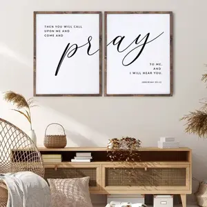 2 Pieces/set of Optional Wooden Frame, Modern Black Jeremiah 29:12 Pray To Me Bible Verse Scripture Church Wall Art, Quote Prints, Faith Theme Decor, Living Room Bedroom Study Inspirational Painting