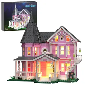 Classic Halloween Pink Mansion Building Blocks Set with LED Lighting, Piano Room, Kitchen, Attic, Bedroom, Living Room Included, Perfect Halloween & Christmas Toys and Gifts for Fans and Kids (1346 pcs) Playhouse
