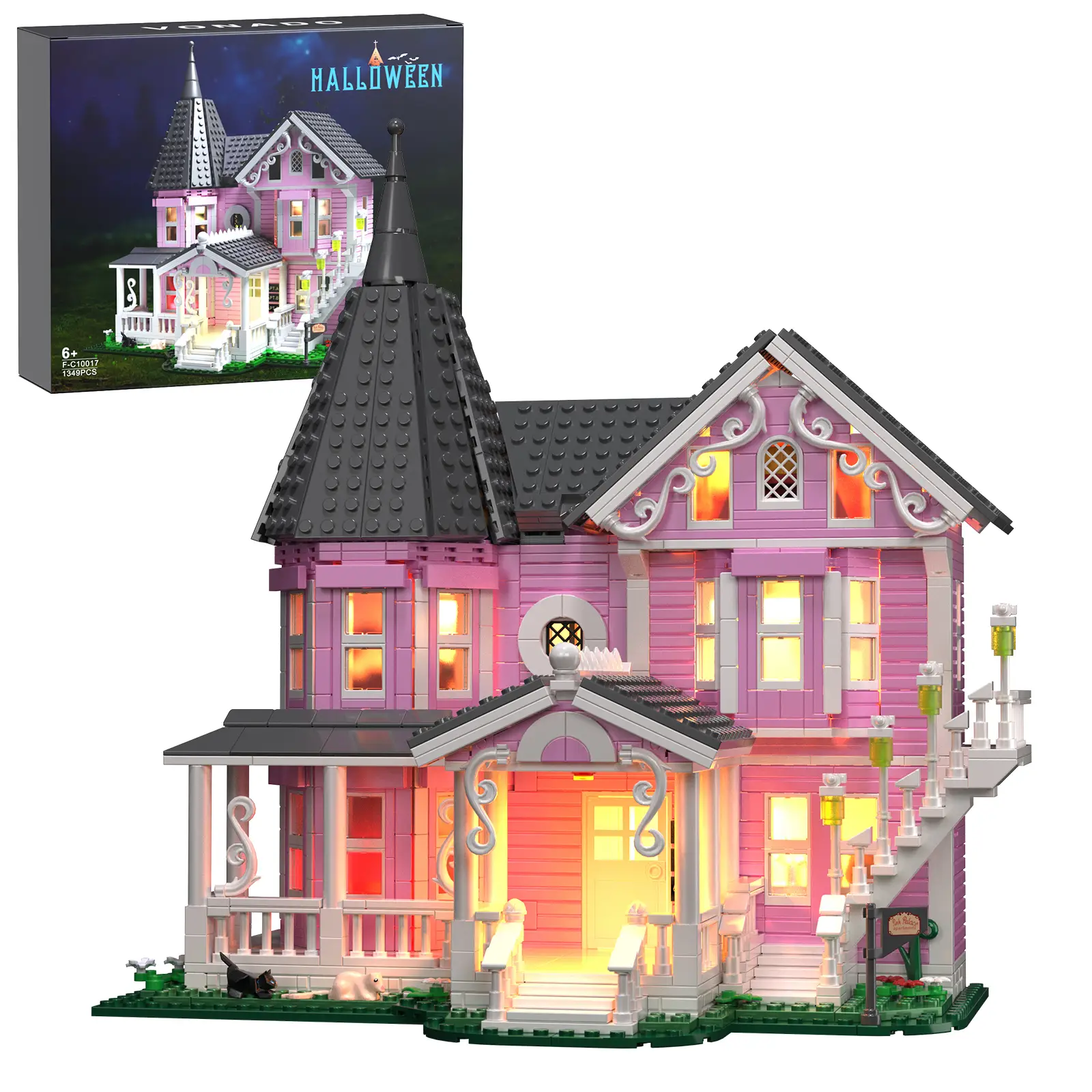 Classic Halloween Pink Mansion Building Blocks Set with LED Lighting, Piano Room, Kitchen, Attic, Bedroom, Living Room Included, Perfect Halloween & C