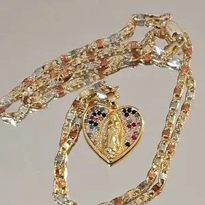 Tricolor Set of Three 3mm 20" Chain with Heart-Style Virgin of Guadalupe Pendant, Plated in 14 Karat Gold, Casual Jewelry for Adults not a water resistant