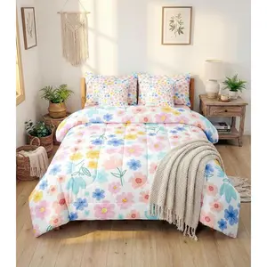 Pink Floral Comforter Bed Set,7 Piece Bed Bag,Cute Botanical Flowers Bedding Set,Kids Garden Coquette Flower Comforter,and Sheets,Aesthetic Girls Bed Set