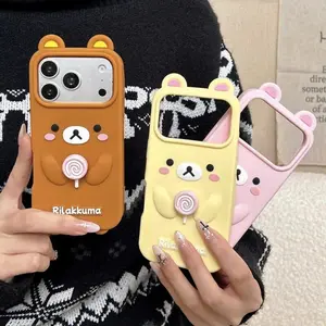3D Stereoscopic Cute Cartoon Rilakkuma Bear Lollipop Phone Case For iPhone 17 16 15 14 13 Pro Max Shockproof Soft Silicone Cover