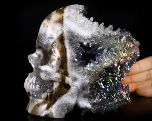 Amazing Rainbow 5.2" Quartz Rock Crystal Druse Carved Crystal Skull, Realistic, Crystal Healing