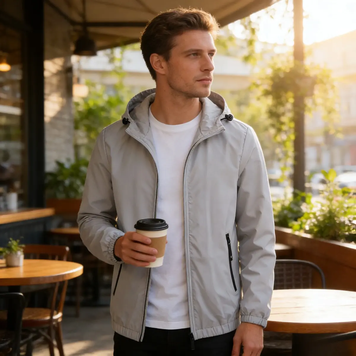 Men's Sports Windbreaker Jacket, Hooded Waterproof Composite Knitting Coat for Youth 18-24 Years Old, Lightweight Breathable Outerwear for Spring Autumn, M, 2Xl, Mock Neck