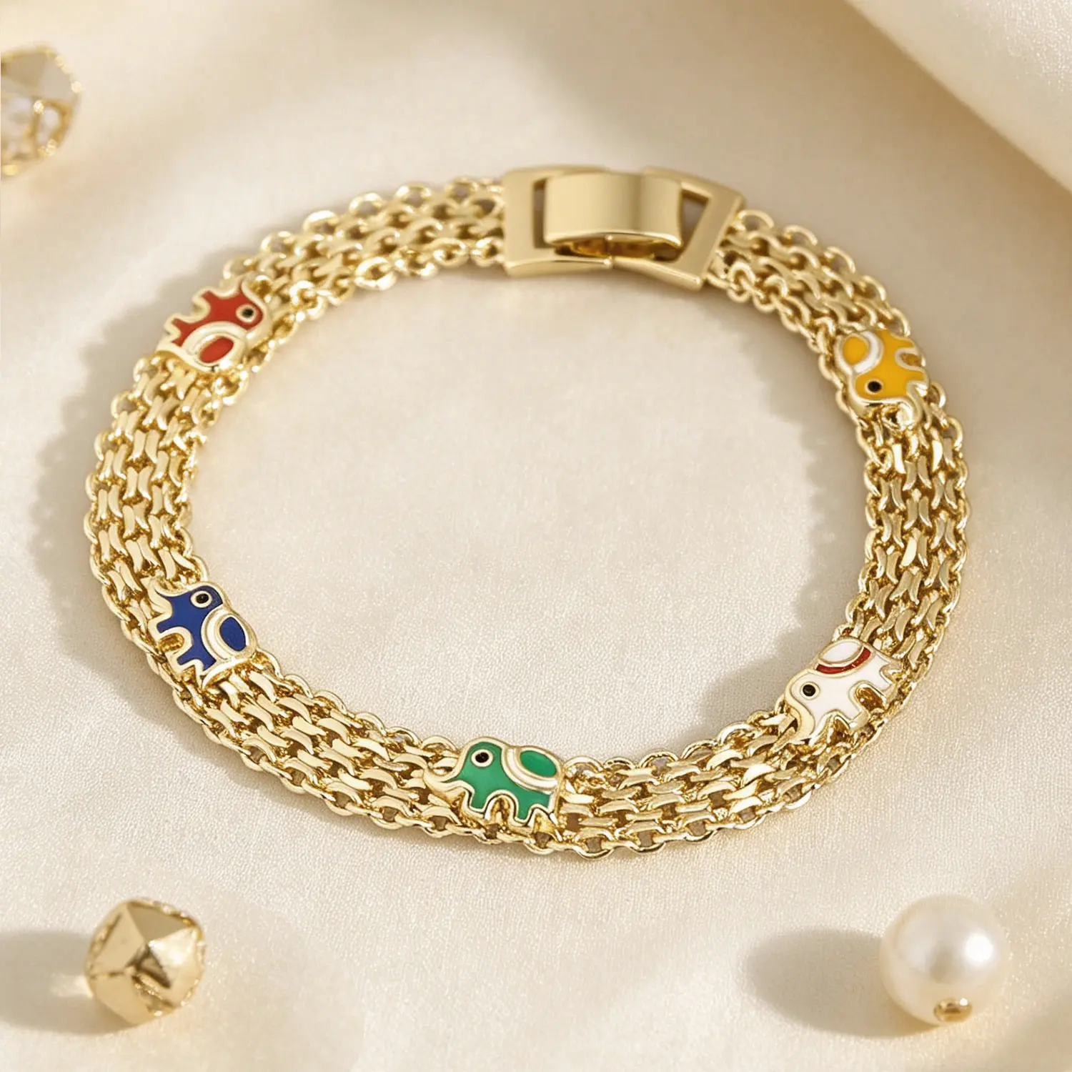 Bohemian Bracelet, Light Luxury Golden Tone Bracelet for Women, Colorful Auspicious Small Elephant Design, Niche High-End Versatile Fashion Accessory, Bohemian Bracelets