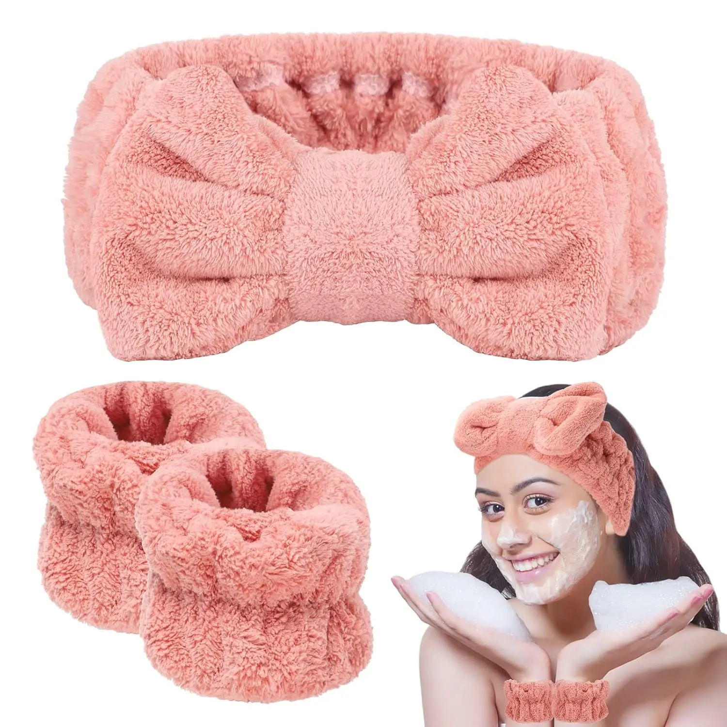 3 count Face Wash Headband and Wristband Set, Spa Headband Makeup Skincare Headbands Wrist Towels Wrist Bands for Washing Face (Pink)