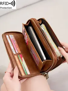 Vintage Double-Zipper Large Capacity Wallet, Stylish Handbag, Women'S Wrist Coin Purse with Multiple Card Slots and Phone Holder, Minimalist Solid Color RFID Blocking Credit Card Holder, Multifunctional Women'S Tote for Parties, Daily Use Purse