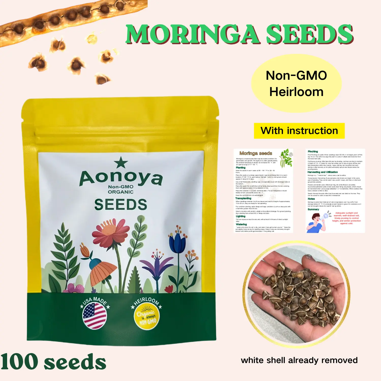 【SummerVibes】Moringa Seeds - Non-GMO, High Germination, Organic, Fast-Growing Superfood Tree - 100ct (Approx) - Ideal for Home Cultivation & Edible Uses