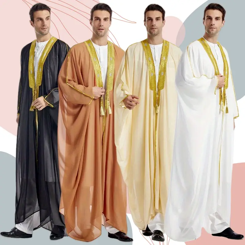 Elegant Gold Embroidered Arabic Thobe for Men Islamic Formal Robe Middle East Wedding Cultural Events Black Brown Beige White High Quality Cultural At