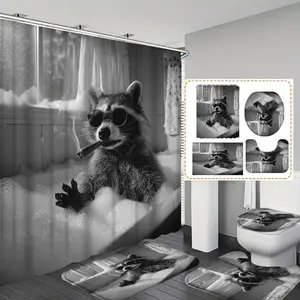 1pc/4pc Raccoon Print Shower Curtain Set, Includes 12 Hooks, Non-Slip Bath Mat, U-Shaped Floor Mat, Toilet Seat Cover, Home Decoration, Shower Essentials