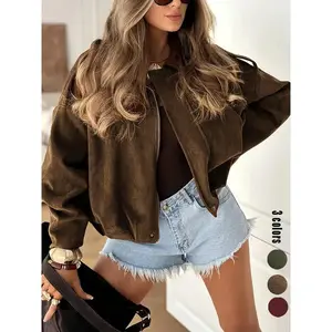 Women’s suede leather jacket, coffee-colored synthetic leather bomber jacket, oversized batwing sleeves, casual sporty style