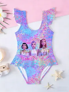 Girls Kpop Demon Hunters Swimwear Bathing Suits, Laser Leopard Cartoon Print Halter Jumpsuit, Casual All-Over Print Beach Bathing Suit