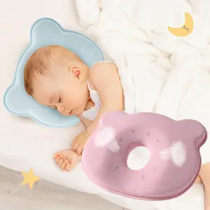 Memory Foam Baby Pillow for Newborn Flat Head Prevention Machine Washable Neck Support with Bear Design Cotton Material