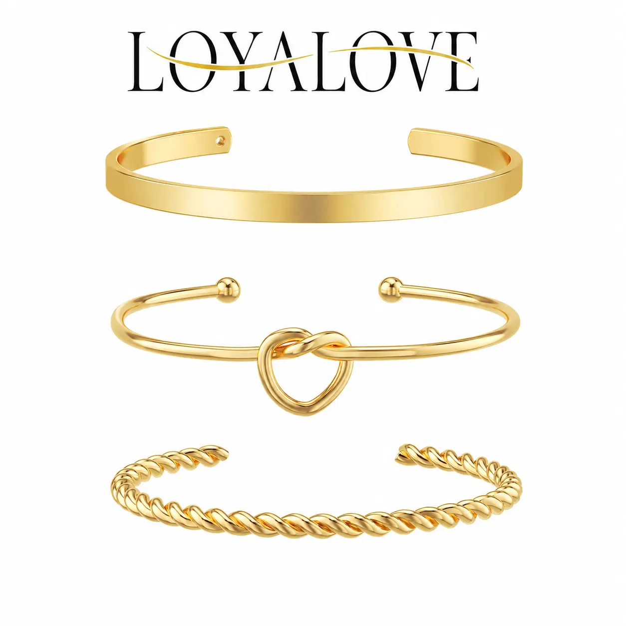LOYALOVE 14K GOLD Plated 3PCS Gold Bangle Bracelet Set for Women, Stackable Open Cuff Bracelets with Love Knot & Twisted Rope Design, Dainty Minimalist Jewelry Gift for Her