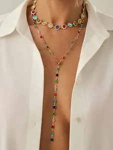 Vintage Metal Y-Shape Long Necklace Set, Bohemian Style Colorful Crystal Pendants, Casual Wear for Women, Daily Wear Necklace, Holiday Gift