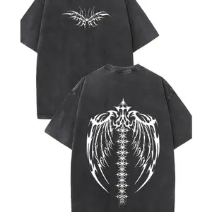 Men'S\ Heavyweight T-Shirt - Double-Sided Washed Retro White Wing Graphic Print, Oversized Relaxed Fit Short Sleeve Round Neck, Vintage Streetwear Style with Geometric Wing Design, Machine Washable All-Season Casual Tee for Men (