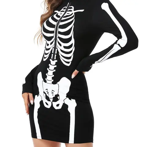 HDE Women's Halloween Fit Tight-Fitting Long Sleeve Bone Print Crew Neck Bodycon Dress - Stretch Spandex Fabric, Breathable Lightweight Creepy Cute Costume with Zipper Closure