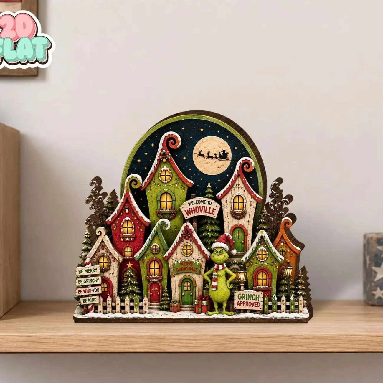 Grinch Christmas Wooden Block Sign, Whoville Village Shelf Sitter, Grinchmas Decor, Whimsical Christmas Home Decor, Grinch Lover Gift
