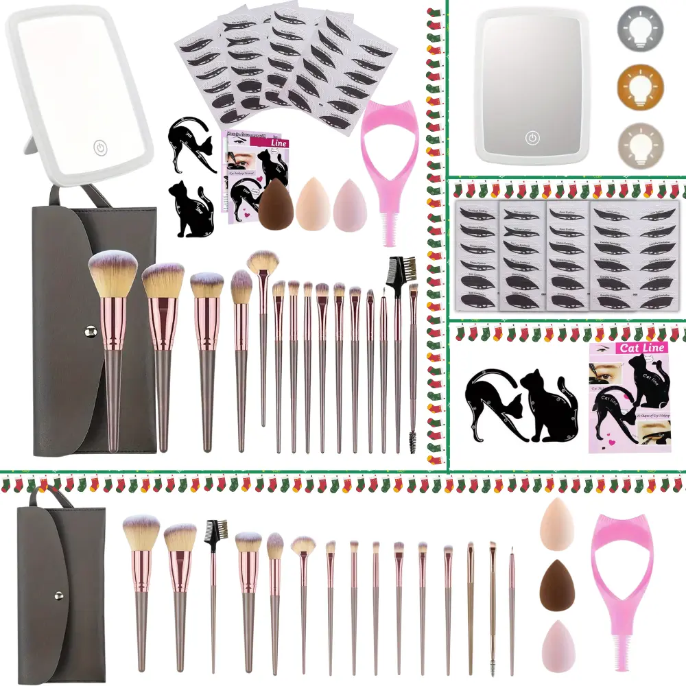 27pcs Makeup Tool Set - 15 Makeup Brushes, 2 Eyeliner Templates, 4 Eyeshadow Templates, 1 Eyelash Template, 3 Beauty Sponges, 1 LED Makeup Mirror & 1 Storage Bag, Ideal for Beginners & Professional Makeup Artists