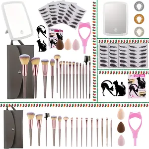 27pcs Makeup Tool Set - 15 Makeup Brushes, 2 Eyeliner Templates, 4 Eyeshadow Templates, 1 Eyelash Template, 3 Beauty Sponges, 1 LED Makeup Mirror & 1 Storage Bag, Ideal for Beginners & Professional Makeup Artists