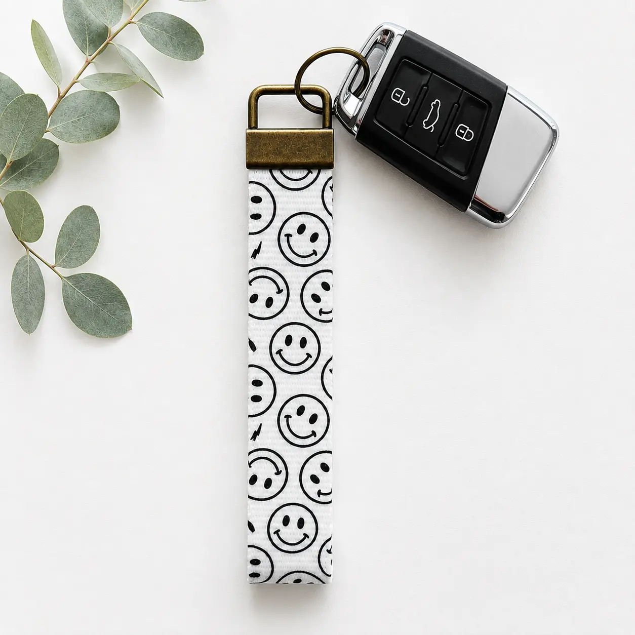 Black Smileys Key Fob Wristlet | Antique Brass Hardware