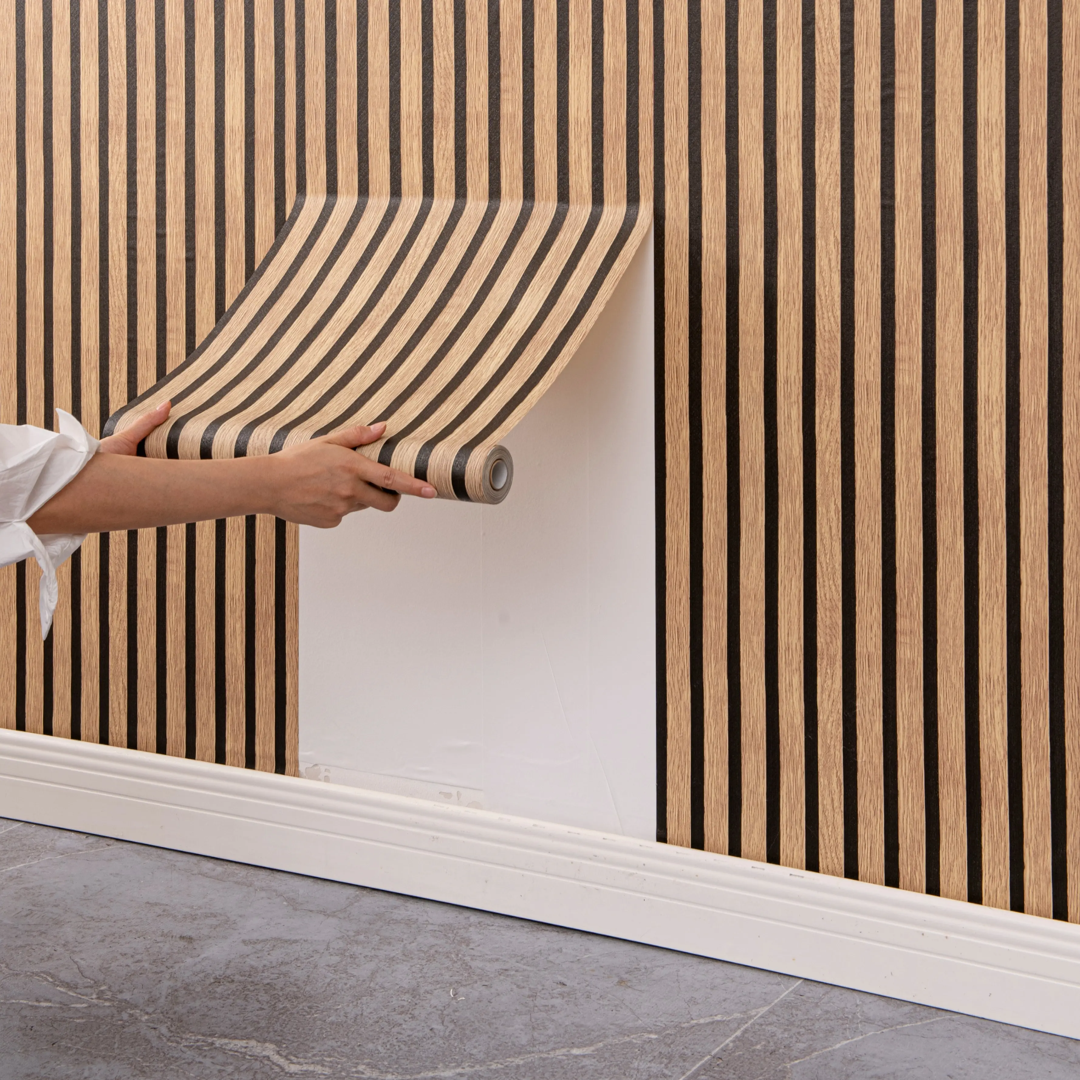 2-Pack Self-Adhesive Wood Grain Wall Stickers, Waterproof Stain-Resistant Moisture-Proof 3D Grooved Thin Striped Removable Wallpaper, 45cm×20m (17.7×787.4in) Per Roll, Easy DIY Home Decor for Bedroom Kitchen