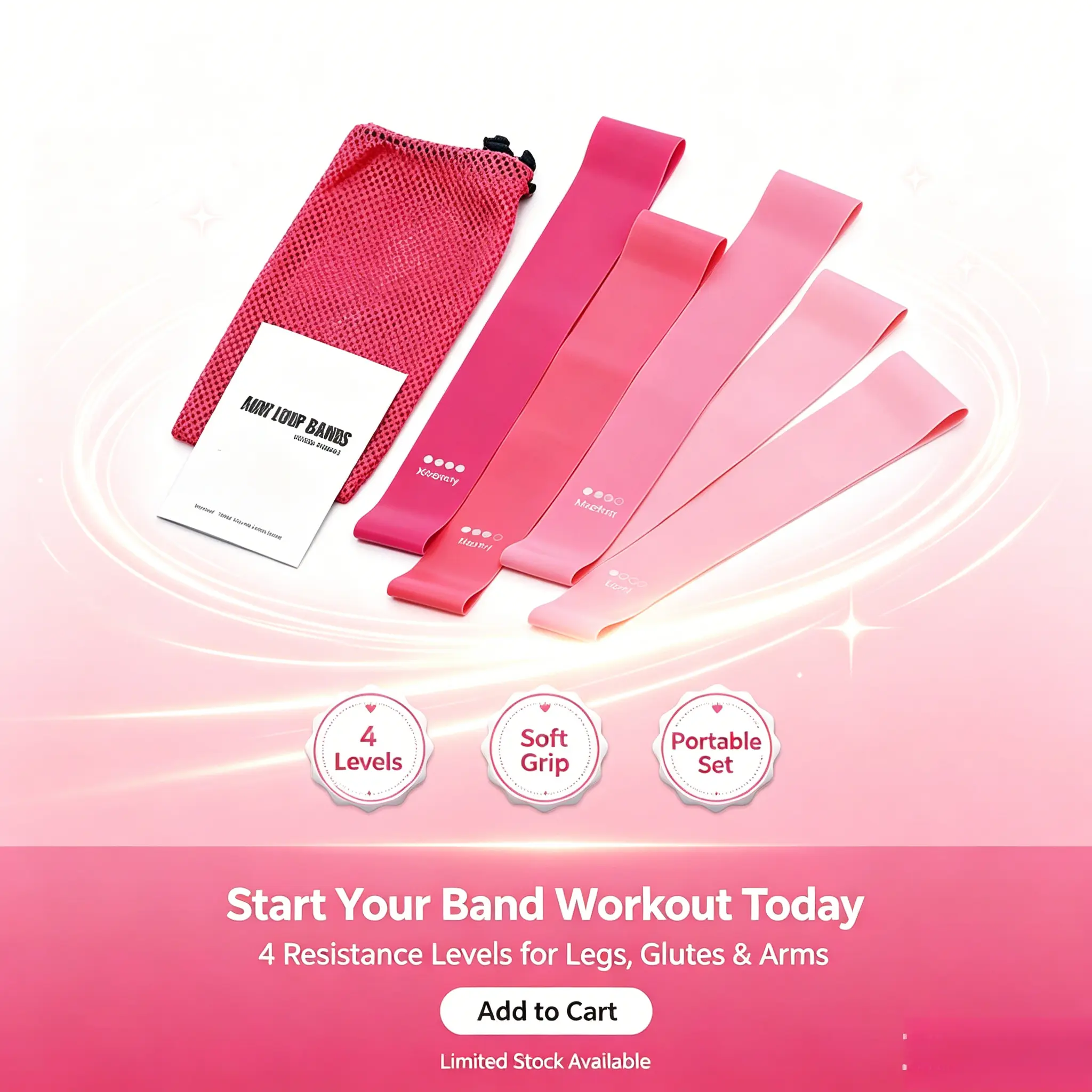 Pink Booty Resistance Loop Bands Set, 4 Different Resistance Levels Exercise Bands for Women, Portable Home Gym Workout Accessories for Glute Leg Arm Toning Yoga Pilates Physical Therapy