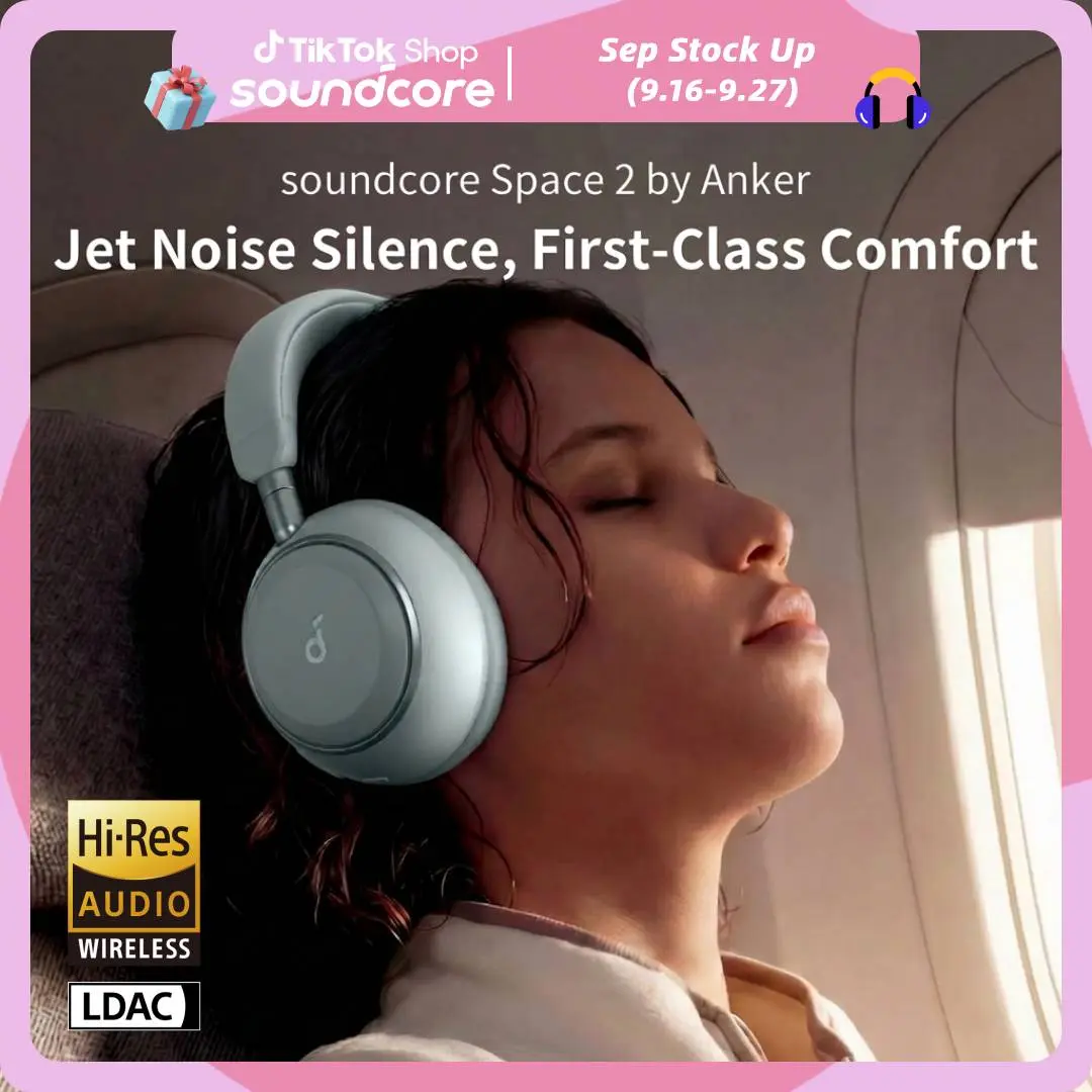soundcore Space 2 by Anker Bluetooth 6.1 Wireless Headphones - Active Noise Cancelling, Comfortable Fit, 50H Playtime, LDAC HiRes Audio, Dual Connection, Distinct Calls, Nap Mode, Wearing Detection, Cool Tech Gadgets for Traveling, Long-Lasting Batteries